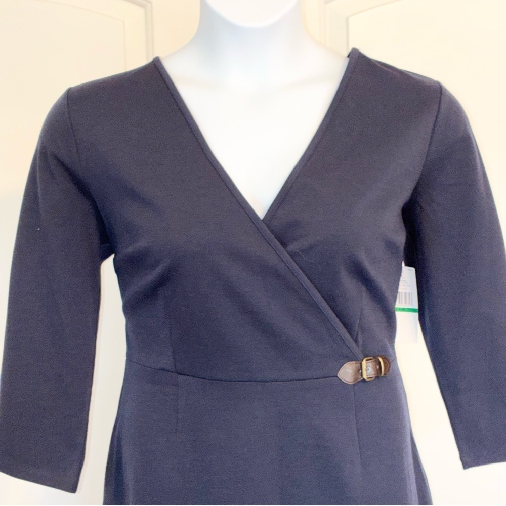 Tommy Hilfiger Faux Wrap Dress Women’s Large 3/4 Sleeve Navy Leather Buckle